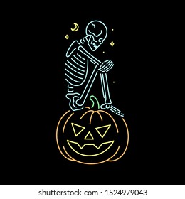 SAD SKELETON SITTING ON A PUMPKIN NEON BLACK BACKGROUND