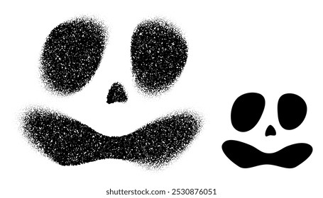 A sad skull face with drooping eyes and a frowning mouth, created in both dot art and solid styles. Vector illustration.