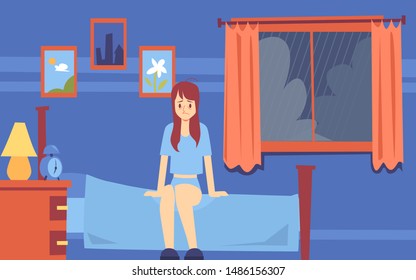 Sad sleepy woman or girl woke up in the morning in bedroom and sat on the bed in a bad mood. Bad weather outside the window and rain. Bad motning and wak up concept, flat cartoon vector illustration.