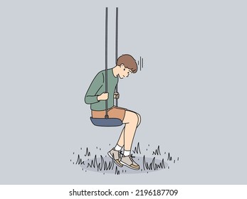 Sad small boy sit on swing suffer from loneliness or solitude. Unhappy little kid struggle with bullying or feeling lonely and abandoned. Vector illustration. 