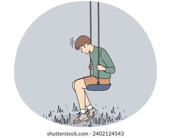 Sad small boy sit on swing suffer from loneliness or solitude. Unhappy little kid struggle with bullying or feeling lonely and abandoned. Vector illustration.