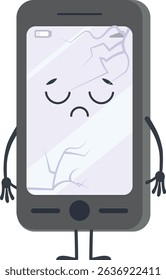 Sad smartphone featuring a broken screen and low battery, displaying a cartoon face with arms down, isolated against a clean white background, conveying feelings of frustration and disappointment