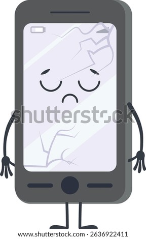Sad smartphone featuring a broken screen and low battery, displaying a cartoon face with arms down, isolated against a clean white background, conveying feelings of frustration and disappointment