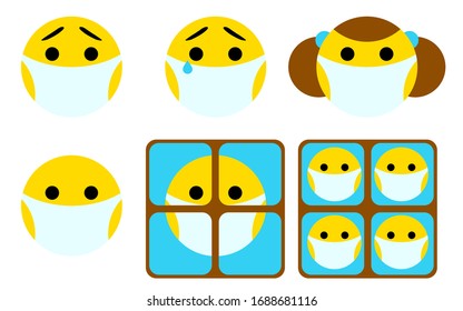 Sad smile faces wearing protective medical mask, vector illustration. Coronavirus pandemic and self isolation, set of characters.