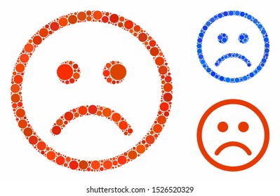 Sad smiley composition for sad smiley icon of small circles in variable sizes and shades. Vector small circles are composed into blue composition. Dotted sad smiley icon in usual and blue versions.