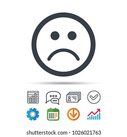 Sad smiley icon. Bad feedback symbol. Statistics chart, chat speech bubble and contacts signs. Check web icon. Vector