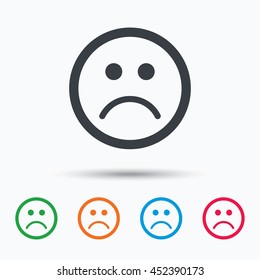 Sad smiley icon. Bad feedback symbol. Colored flat web icon on white background. Vector