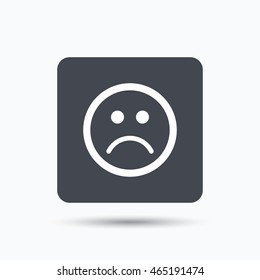 Sad smiley icon. Bad feedback symbol. Gray square button with flat web icon. Vector