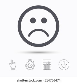 Sad smiley icon. Bad feedback symbol. Stopwatch timer. Hand click, report chart and download arrow. Linear icons. Vector