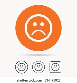 Sad smiley icon. Bad feedback symbol. Orange circle button with web icon. Star and square design. Vector