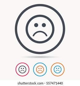Sad smiley icon. Bad feedback symbol. Colored circle buttons with flat web icon. Vector