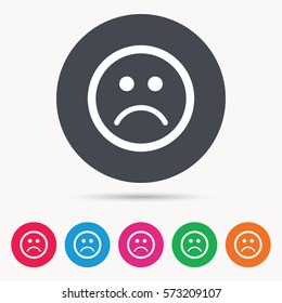 Sad smiley icon. Bad feedback symbol. Colored circle buttons with flat web icon. Vector