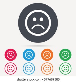 Sad smiley icon. Bad feedback symbol. Round circle buttons. Colored flat web icons. Vector
