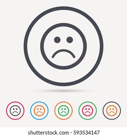 Sad smiley icon. Bad feedback symbol. Round circle buttons. Colored flat web icons. Vector