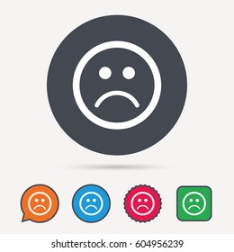 Sad smiley icon. Bad feedback symbol. Circle, speech bubble and star buttons. Flat web icons. Vector
