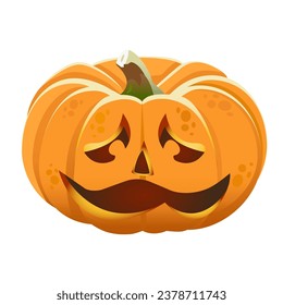Sad smiling lantern pumpkin with wry smile and sad eyes for halloween isolated. Flat  style. Vector illustration.