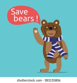 Sad smiling toy brown bear saying save bears in speech bubble. Environment, nature, animal and ecology concept. EPS 8 vector illustration, no transparency