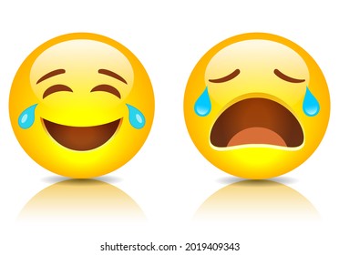 Sad and smiling yellow emoji, vector cartoons on white background