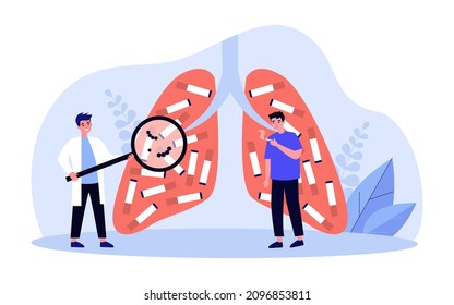 Sad smoker and doctor examining huge lungs full of cigarettes. Man addicted to smoking, medical appointment flat vector illustration. Health, medicine, addiction concept for banner or landing web page