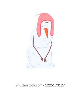 Sad snowman character in a hat with earflaps, Christmas and New Year holidays decoration element vector Illustration on a white background
