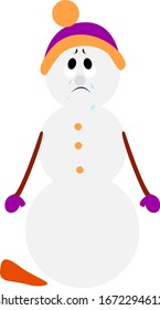 Sad snowman, illustration, vector on white background.