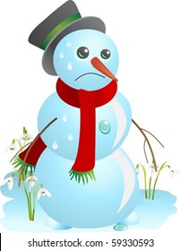 Sad snowman melting in the spring (vector illustration)