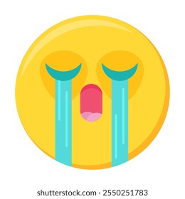 Expresión facial emoji triste y sollozante. Llorando, llorando, deprimido icono de emoticono. Colorido Vector sonriente. Linda pegatina, personaje de sentimiento sombrío de las redes sociales, elemento de chat de emoción y sentimiento