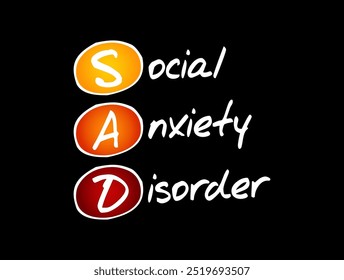 SAD - Social Anxiety Disorder is a mental health condition characterized by intense fear or anxiety in social situations, acronym concept background