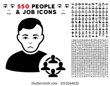 Sad Social Networker pictograph with 550 bonus pitiful and happy jobs pictographs. Vector illustration style is flat black iconic symbols.