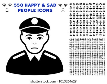 Sad Soldier pictograph with 550 bonus pity and glad people images. Vector illustration style is flat black iconic symbols.