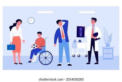 Sad son with broken leg and doctor showing X-ray to father. Boy with soccer ball in wheelchair flat vector illustration. Medicine, healthcare, injury concept for banner, website design or landing page