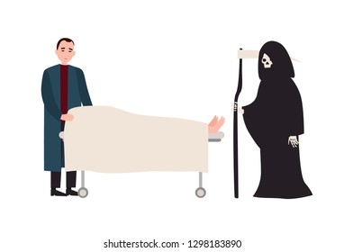 Sad or sorrowful man Grim Reaper with scythe standing near covered dead body lying on gurney. Grieving relative and Death near deceased family member. Vector illustration in flat cartoon style.