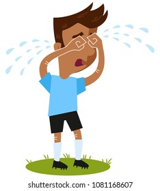 Sad South American cartoon football outfield player crying many tears standing on green isolated on white background, funny vector illustration