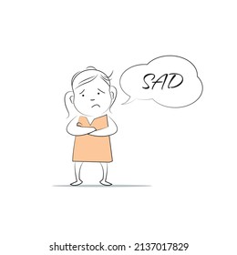 Traurig. Sprecht einen Bubble-Charakter.
Doodle-Stil-Charakter. Eine Illustration von einfachen menschlichen Bewegungen und Emotionen.