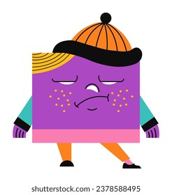 Sad square personage, isolated character in squared form. Figure with disappointed facial expression, wearing hat. Geometric shapes for kids learning geometry. Vector in flat style illustration