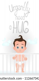 Sad standing baby boy is in the crib need a hug. Flat design.