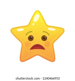 Sad star shaped comic emoticon. Tragic face with facial expression. Sorrowful emoji symbol for internet chatting. Funny social communication animated character. Mood message isolated vector element