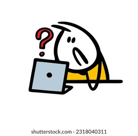 Sad stick figure man sitting at the table and waching video in internet on computer. Vector illustration of boy and question mark. Cartoon stickman isolated on white background.