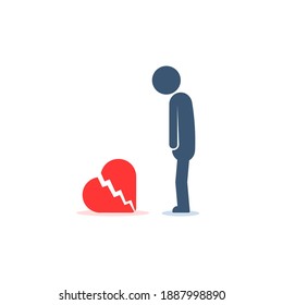 sad stick figure near broken heart. flat simple cartoon style modern graphic art simple design isolated on white. concept of marriage without happy and hard divorce or breakup and family crisis