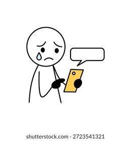 Triste figura de palo usando un teléfono inteligente con una burbuja de discurso. La ilustración simple transmite decepción, soledad o malas noticias recibidas a través del dispositivo móvil. Diseño minimalista.