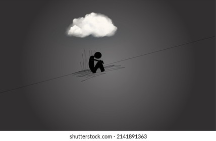 Sad Stick Person Sitting Under Cloud Stock Vector (Royalty Free ...