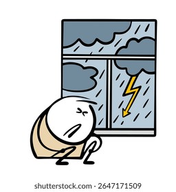 Sad stickman estava com medo de uma tempestade terrível fora da janela. Ilustração vetorial de uma criança encolhendo, tremendo. vento forte, chuva e raios. Os elementos se desenrolaram.