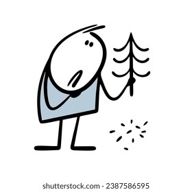 Sad stickman bought   old Christmas tree. Vector illustration of needles falling on the floor. Winter holiday is ruined. Isolated funny character on white background.