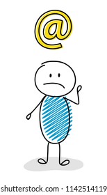 Sad stickman with email address icon. Vector.