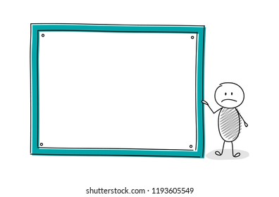 Sad stickman with empty white board icon. Vector.