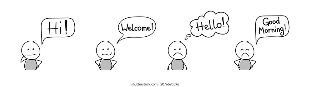 Sad stickman with greeting - welcome, hello, hi, good morning. Vector