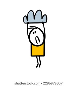 Sad stickman hangs in a depressed state on a cloud and looks down sadly. Vector illustration of cartoon hand drawn character.