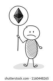 Sad stickman holding hand drawn balloon with etherum. Vector.
