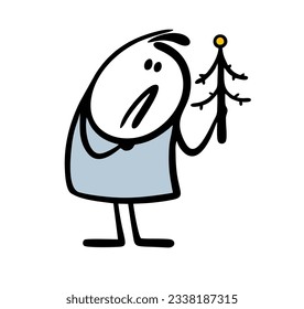 Sad stickman looking at a withered Christmas tree. Vector illustration of the end of the winter holiday. Funny character isolated on white background.