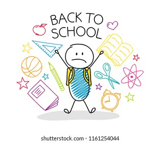 Sad stickman with school elements. Vector.
